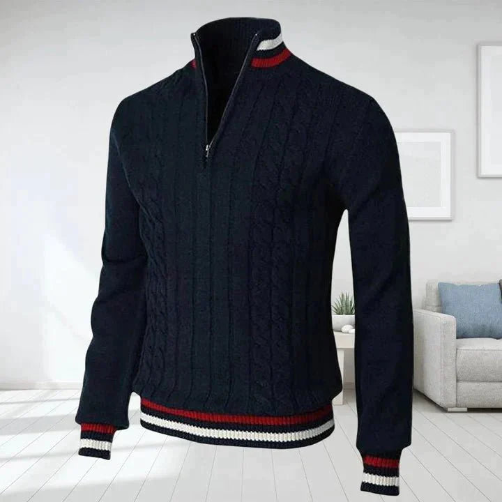 Quarter Zip Jumper - Cable Knit - High Neck - Knitted Sweater - Men's Half Zip Pullover-Sweaters-Chaps London-Dark Blue-S-Chaps London