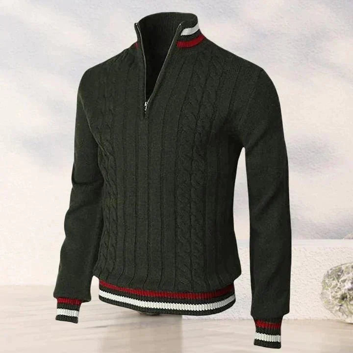 Quarter Zip Jumper - Cable Knit - High Neck - Knitted Sweater - Men's Half Zip Pullover-Sweaters-Chaps London-Dark Green-S-Chaps London