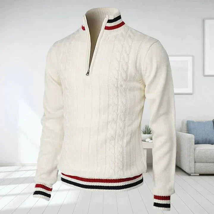Quarter Zip Jumper - Cable Knit - High Neck - Knitted Sweater - Men's Half Zip Pullover-Sweaters-Chaps London-White-S-Chaps London