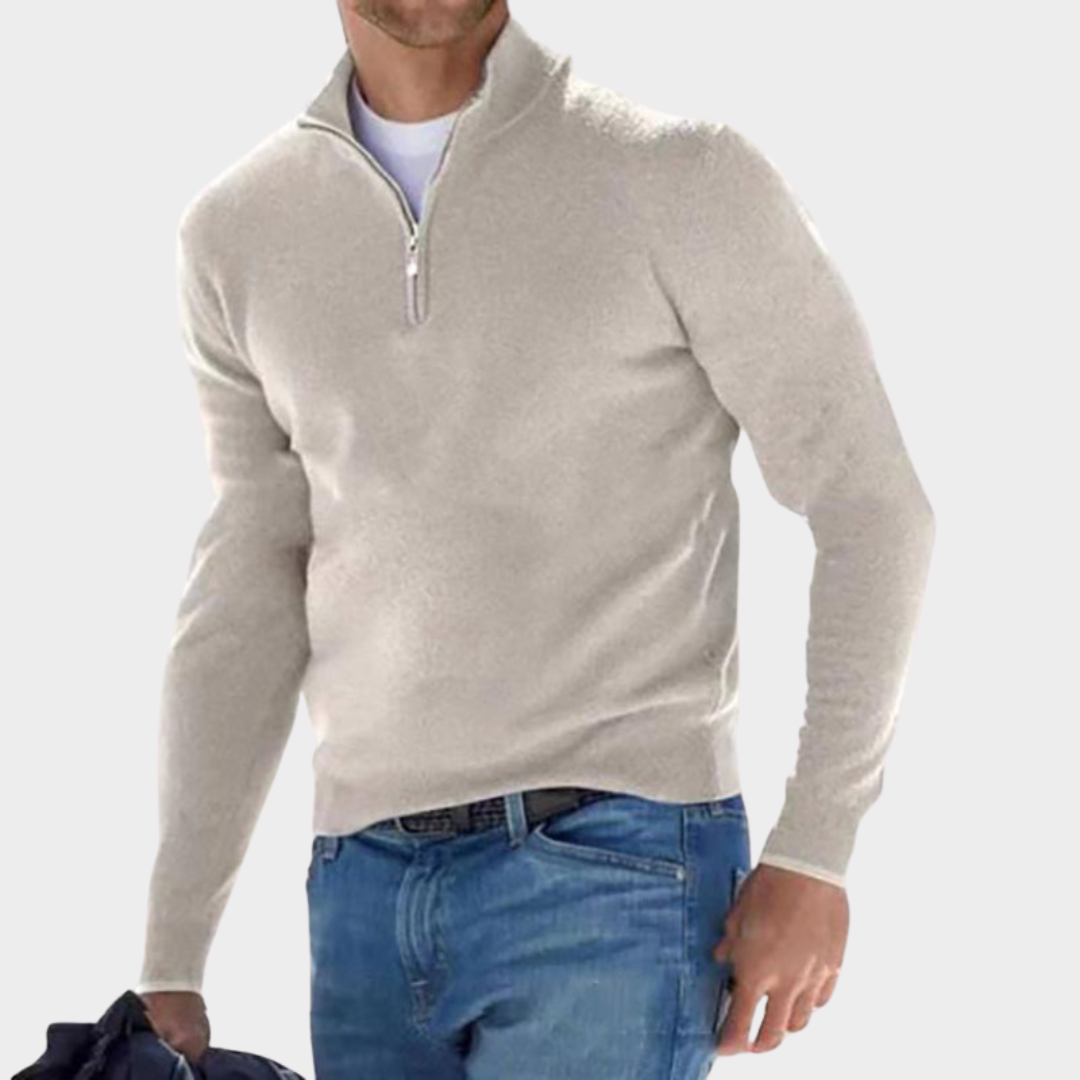 Quarter Zip Jumper - Long Sleeve Polo Men's Jumper-Sweaters-Chaps London-Beige-S-Chaps London