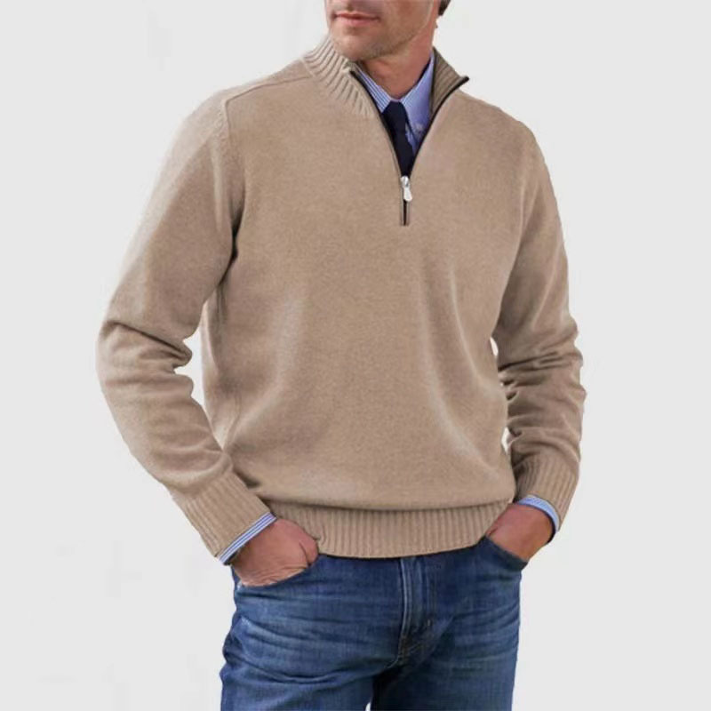 Quarter Zip Jumper - Men's Knitted Long Sleeve Pullover-Men's Half Zip Pullover-Chaps London-Beige-M-Chaps London