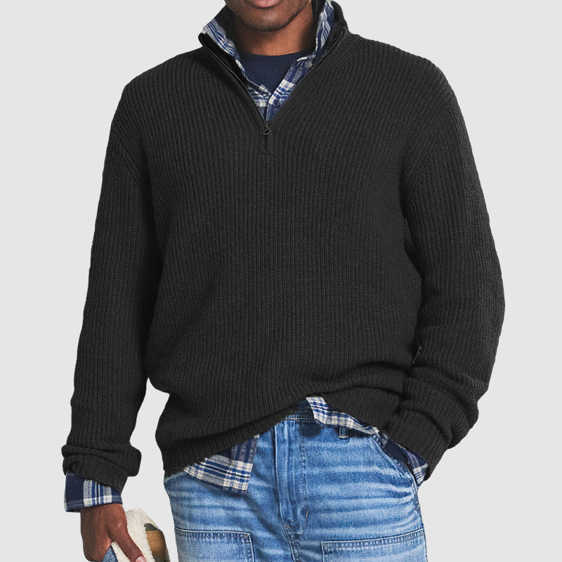 Quarter Zip Jumper - Men's Knitted Loose Fit Pullover-Men's Quarter Zip Sweaters-Chaps London-Black-S-Chaps London