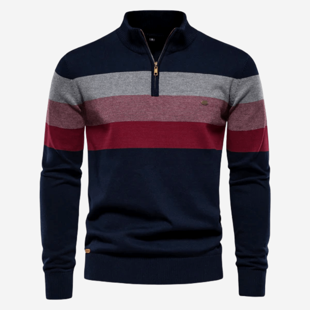 Quarter Zip Jumper - Men's Striped Knitted Pullover-Strickwaren-Chaps London-Navy Blue-S-Chaps London
