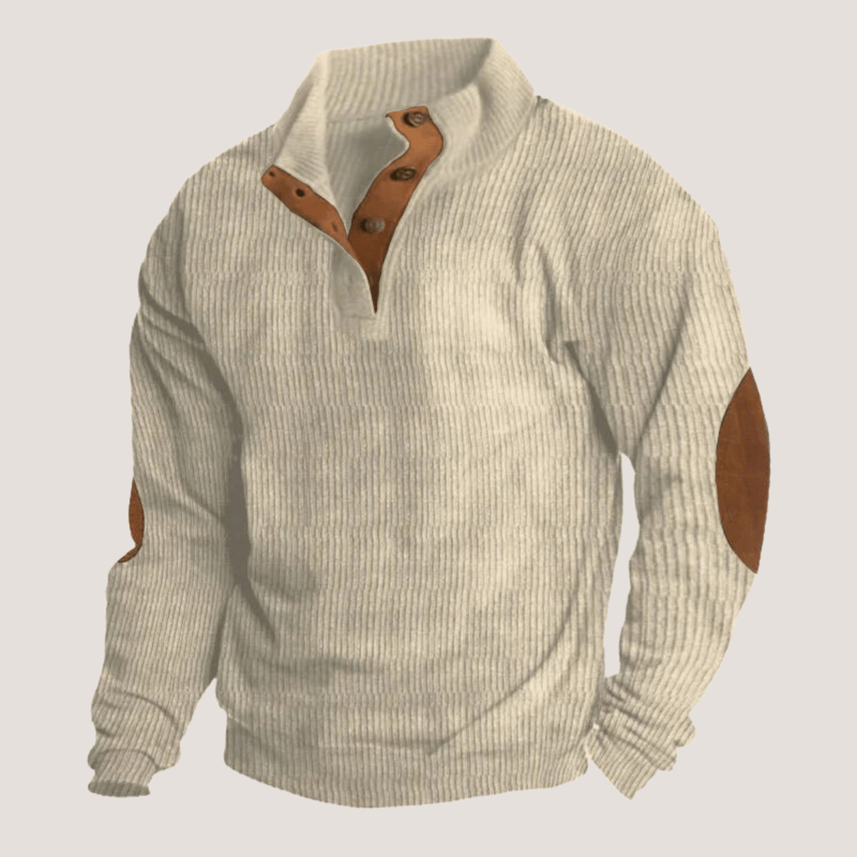 Cream ribbed knit quarter-zip sweater with brown leather elbow patches, worn | Chaps London