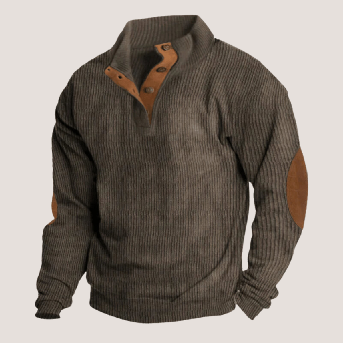 Gray ribbed quarter-zip sweater with tan elbow patches, on mannequin | Chaps London