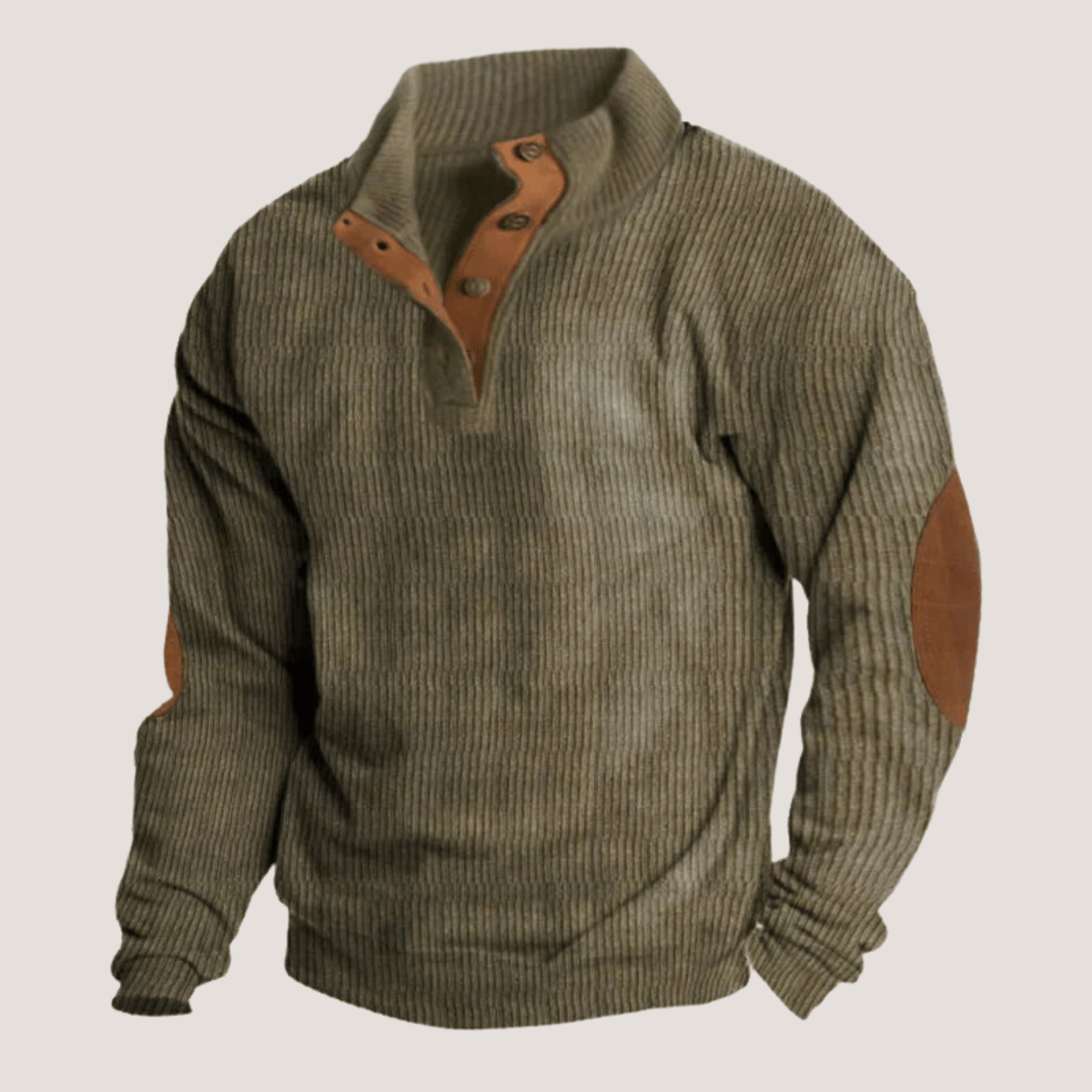Olive ribbed knit quarter-zip sweater with tan suede elbow patches on mannequin | Chaps London