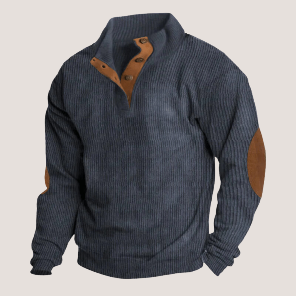 Navy ribbed quarter-zip sweater with tan suede elbow patches, flat-laid | Chaps London