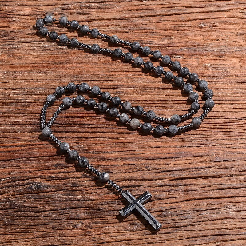 Rosary Necklace - Men's Cross Tiger Eye Lapis Beads-Necklace-Chaps London-Chaps London