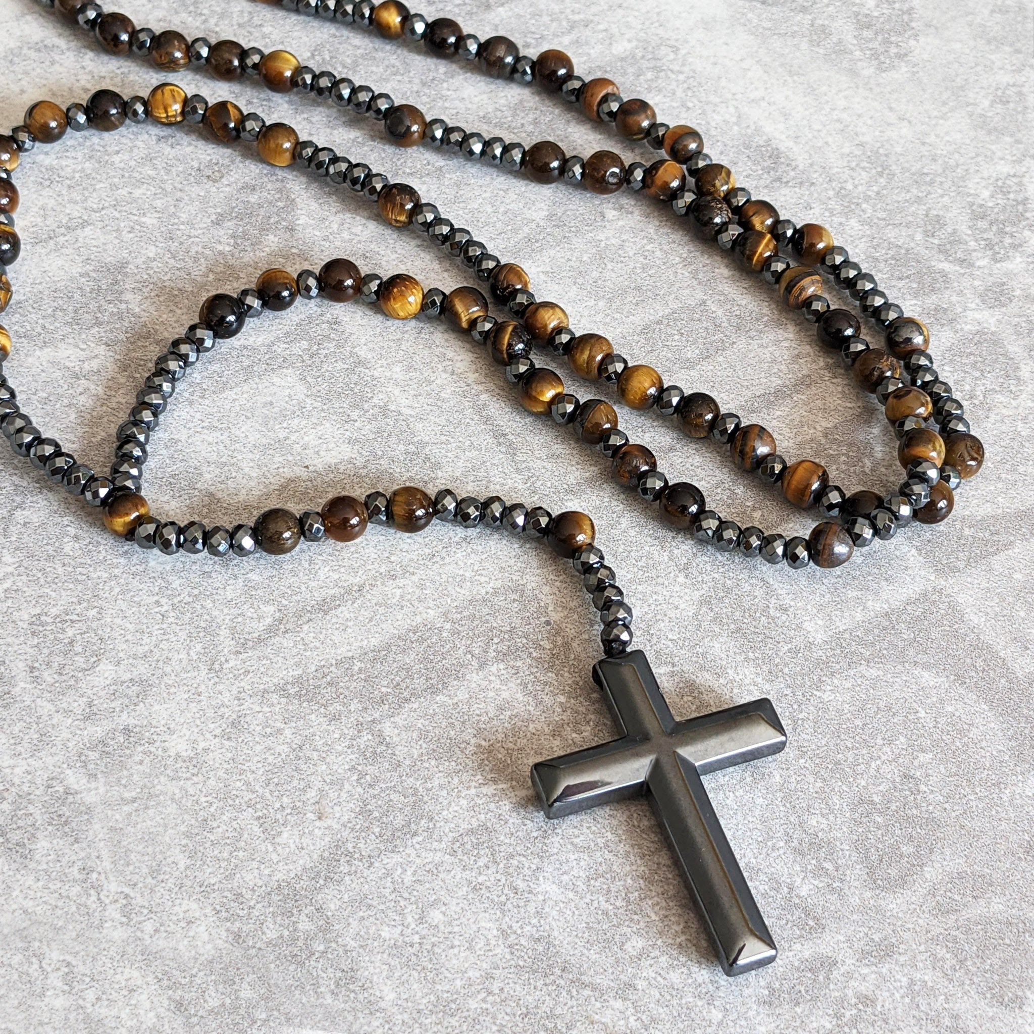 Rosary Necklace - Men's Cross Tiger Eye Lapis Beads-Necklace-Chaps London-Chaps London