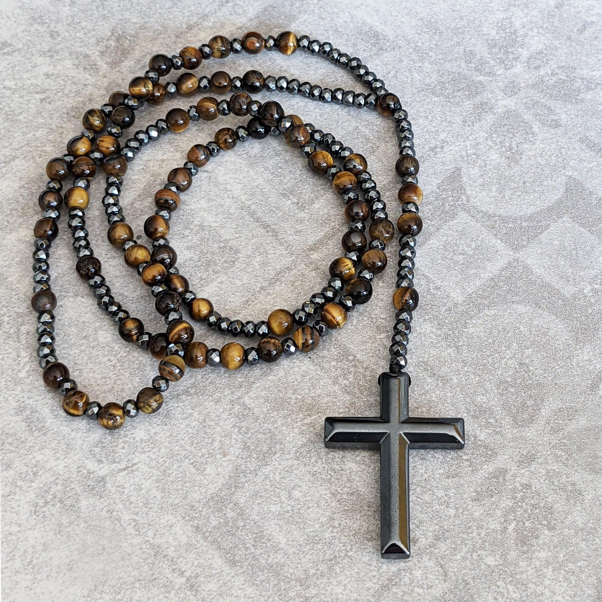 Rosary Necklace - Men's Cross Tiger Eye Lapis Beads-Necklace-Chaps London-Chaps London