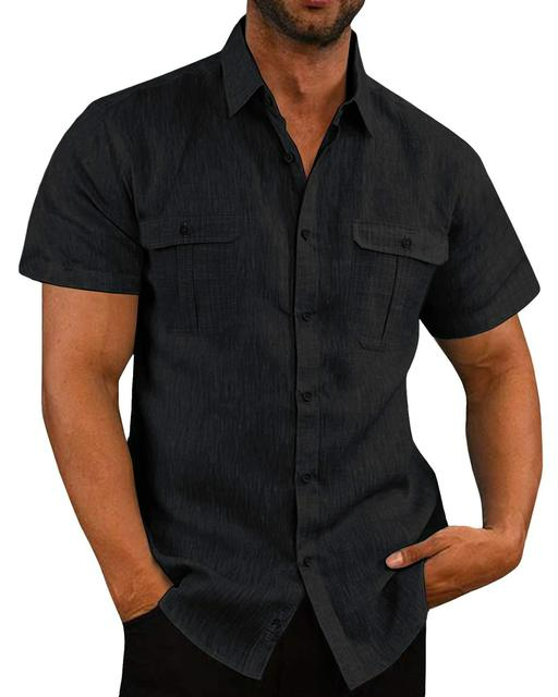 Short Sleeve Shirt - Button-Up - Breast Pockets - Polo Shirt - Men's Shirts-Shirts-Chaps London-Black-M-Chaps London