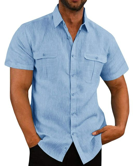 Short Sleeve Shirt - Button-Up - Breast Pockets - Polo Shirt - Men's Shirts-Shirts-Chaps London-Blue-M-Chaps London