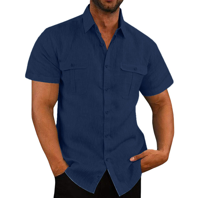 Short Sleeve Shirt - Button-Up - Breast Pockets - Polo Shirt - Men's Shirts-Shirts-Chaps London-Navy-M-Chaps London