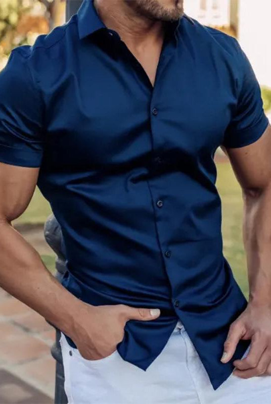 Short Sleeve Shirt | Stylish | Slim Fit | Button-up Shirt | Men's Shirts-Men's short sleeve top-Chaps London-Navy Blue-M-Chaps London