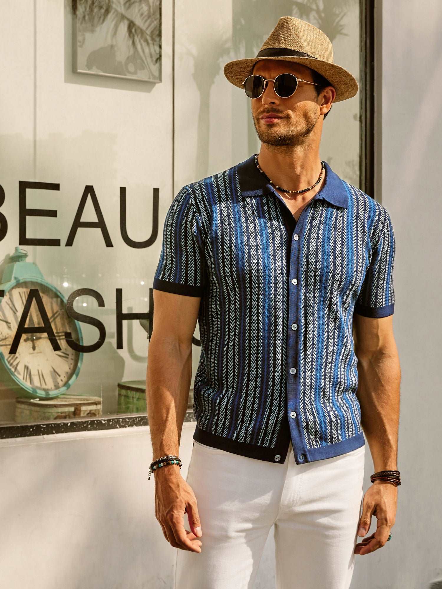 Short Sleeve Shirt | Vintage | Striped | Collared Shirt | Men's Shirts-Chaps London-Blue-S-Chaps London