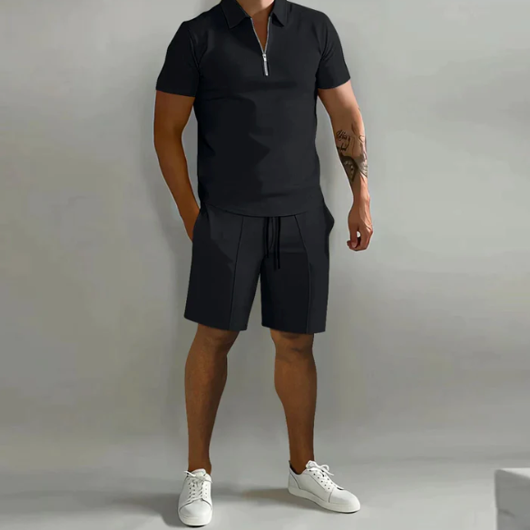 Shorts and Shirt Set | Quarter Zip | Short Sleeve | Two-Piece Set | Men's Summer Clothes-Chaps London-Black-S-Chaps London