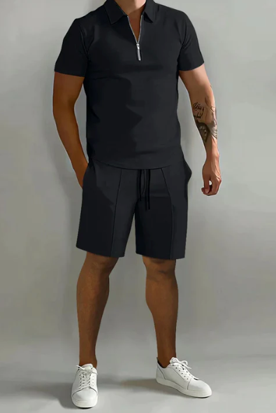 Shorts and Shirt Set | Quarter Zip | Short Sleeve | Two-Piece Set | Men's Summer Clothes-Chaps London-Black-S-Chaps London