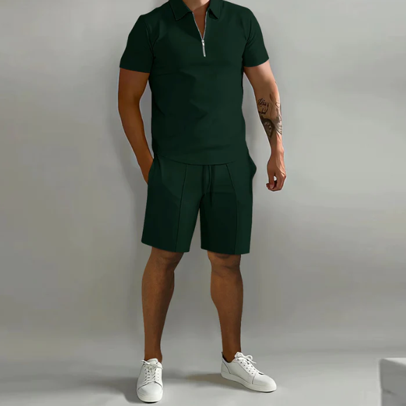 Shorts and Shirt Set | Quarter Zip | Short Sleeve | Two-Piece Set | Men's Summer Clothes-Chaps London-Green-S-Chaps London