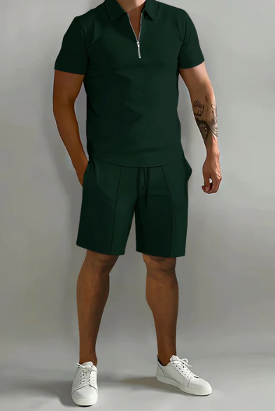 Shorts and Shirt Set | Quarter Zip | Short Sleeve | Two-Piece Set | Men's Summer Clothes-Chaps London-Green-S-Chaps London