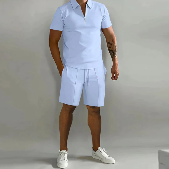 Shorts and Shirt Set | Quarter Zip | Short Sleeve | Two-Piece Set | Men's Summer Clothes-Chaps London-Light Blue-S-Chaps London
