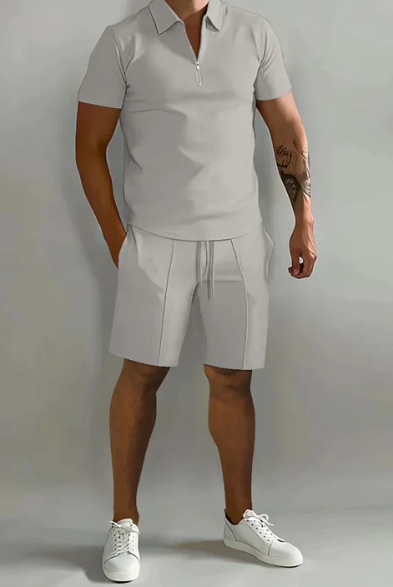 Shorts and Shirt Set | Quarter Zip | Short Sleeve | Two-Piece Set | Men's Summer Clothes-Chaps London-Light Grey-S-Chaps London