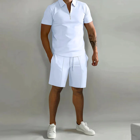 Shorts and Shirt Set | Quarter Zip | Short Sleeve | Two-Piece Set | Men's Summer Clothes-Chaps London-White-S-Chaps London