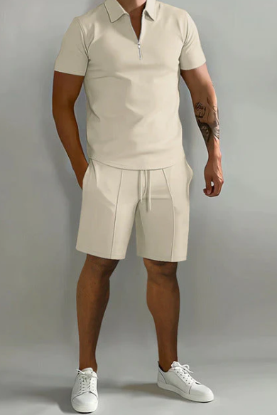 Shorts and Shirt Set | Quarter Zip | Short Sleeve | Two-Piece Set | Men's Summer Clothes-Chaps of London-Khaki-S-Chaps of London