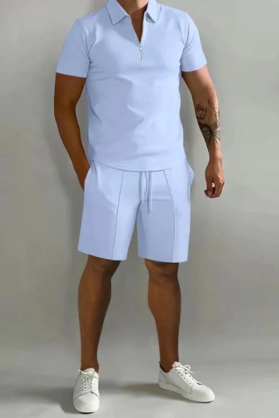 Shorts and Shirt Set | Quarter Zip | Short Sleeve | Two-Piece Set | Men's Summer Clothes-Chaps of London-Light Blue-S-Chaps of London