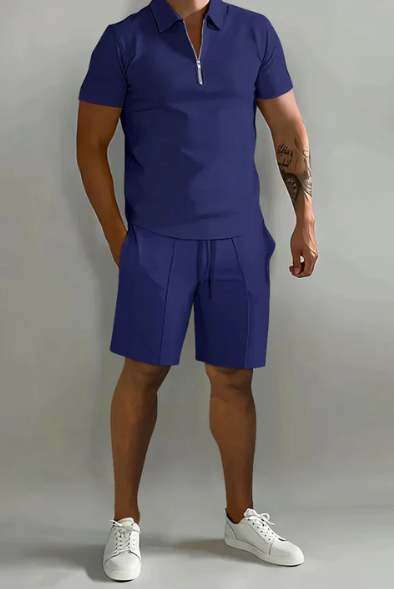 Shorts and Shirt Set | Quarter Zip | Short Sleeve | Two-Piece Set | Men's Summer Clothes-Chaps of London-Navy Blue-S-Chaps of London