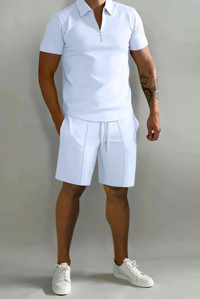 Shorts and Shirt Set | Quarter Zip | Short Sleeve | Two-Piece Set | Men's Summer Clothes-Chaps of London-White-S-Chaps of London