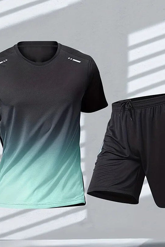 Shorts and T-Shirt Set - Quick Dry - Workout - Activewear Set - Men's Sportswear-Outfit Set-Chaps London-Blue Green-S-Chaps London