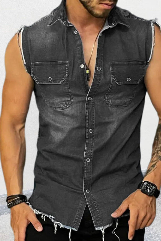 Sleeveless Shirt | Button-Up | Slim Fit | Denim Shirt | Men's Clothing-Shirts & Tops-Chaps London-Black-S-Chaps London