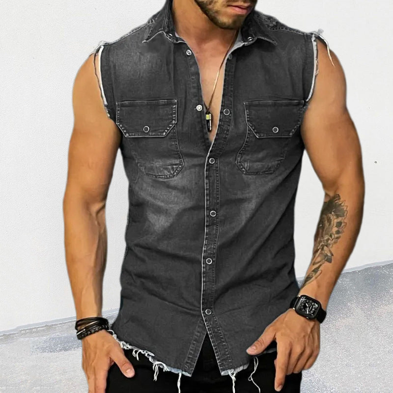 Sleeveless Shirt | Button-Up | Slim Fit | Denim Shirt | Men's Clothing-Shirts & Tops-Chaps London-Black-S-Chaps London