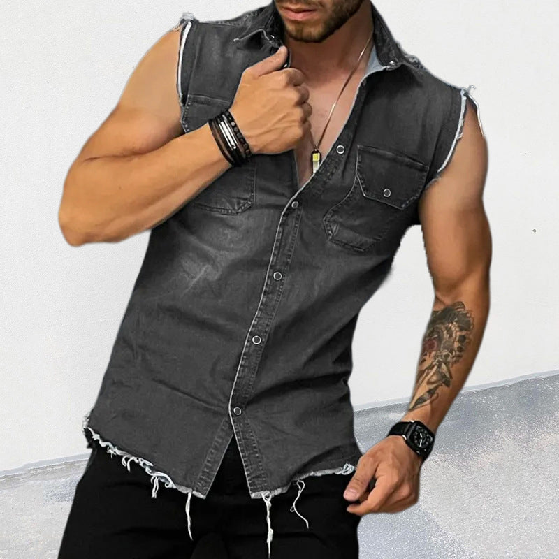 Sleeveless Shirt | Button-Up | Slim Fit | Denim Shirt | Men's Clothing-Shirts & Tops-Chaps London-Chaps London