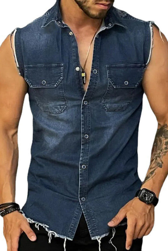 Sleeveless Shirt | Button-Up | Slim Fit | Denim Shirt | Men's Clothing-Shirts & Tops-Chaps London-Chaps London