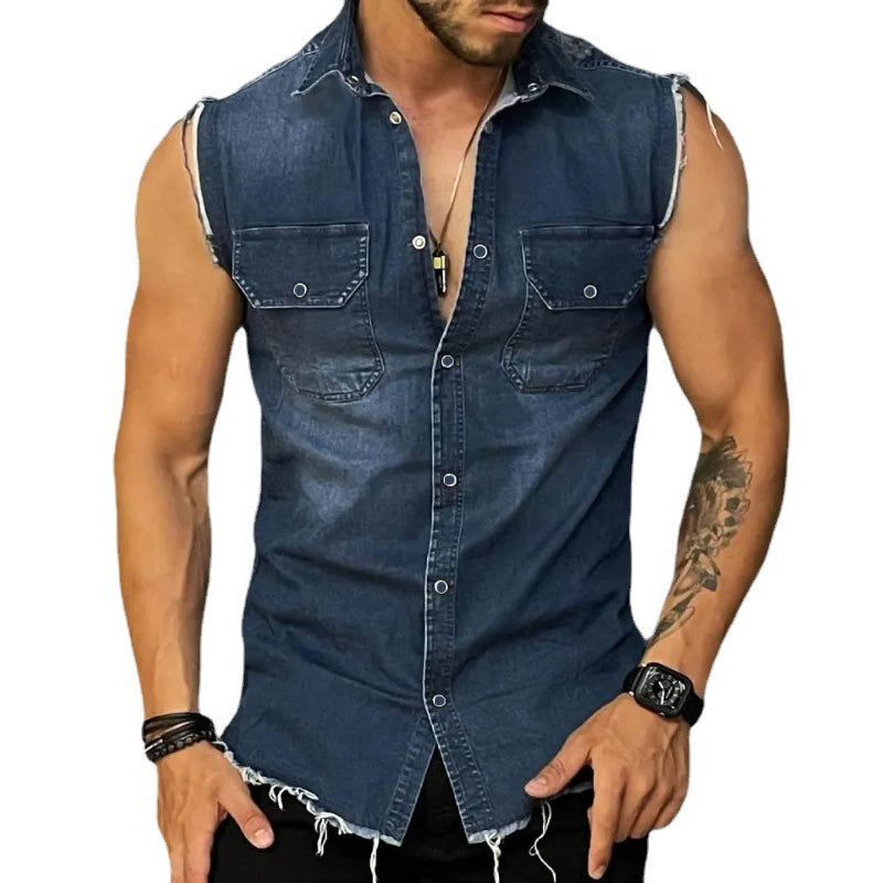 Sleeveless Shirt | Button-Up | Slim Fit | Denim Shirt | Men's Clothing-Shirts & Tops-Chaps London-Chaps London