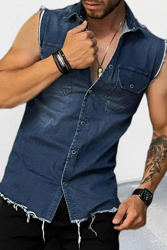 Sleeveless Shirt | Button-Up | Slim Fit | Denim Shirt | Men's Clothing-Shirts & Tops-Chaps London-Chaps London