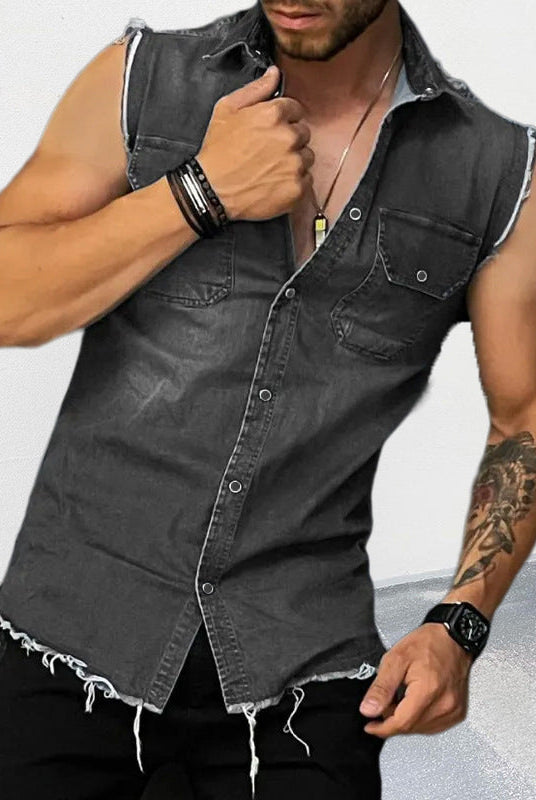 Sleeveless Shirt | Button-Up | Slim Fit | Denim Shirt | Men's Clothing-Shirts & Tops-Chaps of London-Chaps of London