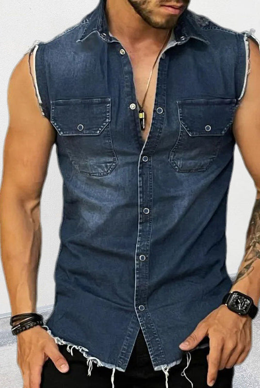 Sleeveless Shirt | Button-Up | Slim Fit | Denim Shirt | Men's Clothing-Shirts & Tops-Chaps of London-Dark Blue-S-Chaps of London