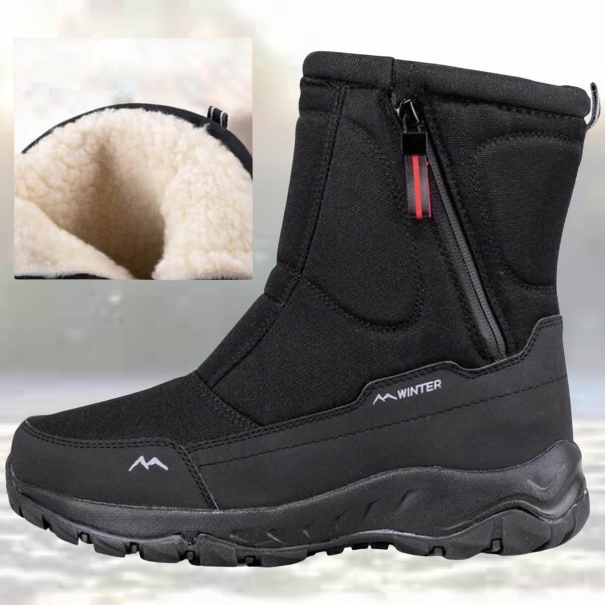 Black winter boots with front zipper, shown with plush lining inset | Chaps London