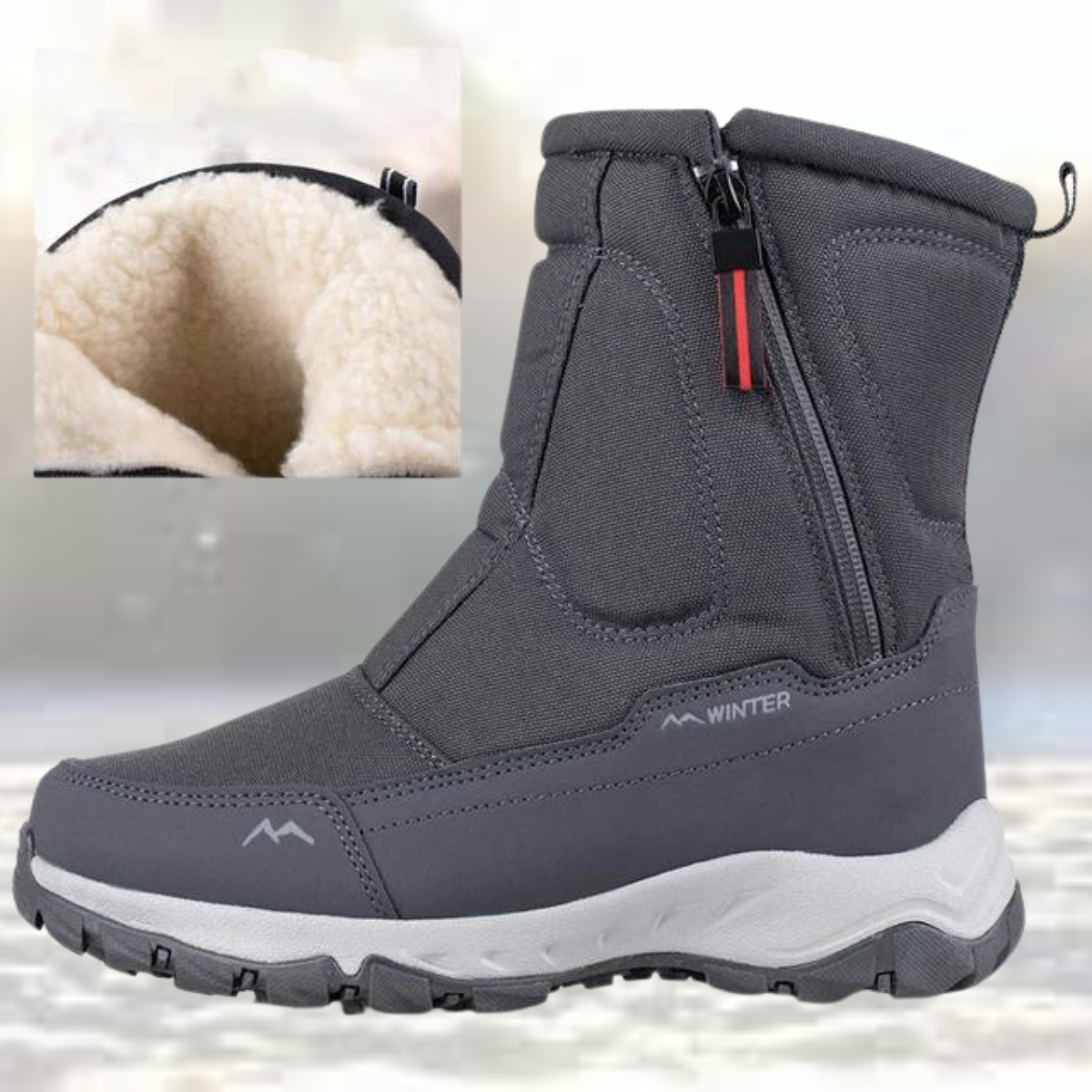 Gray zippered snow boot with plush fleece lining shown separately | Chaps London