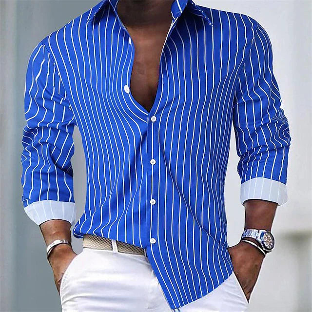 Striped Shirt | Long Sleeve | Slim Fit | Buttoned Up Shirt | Men's Shirts-Men's Long Sleeve Striped Shirt-Chaps London-Blue-S-Chaps London