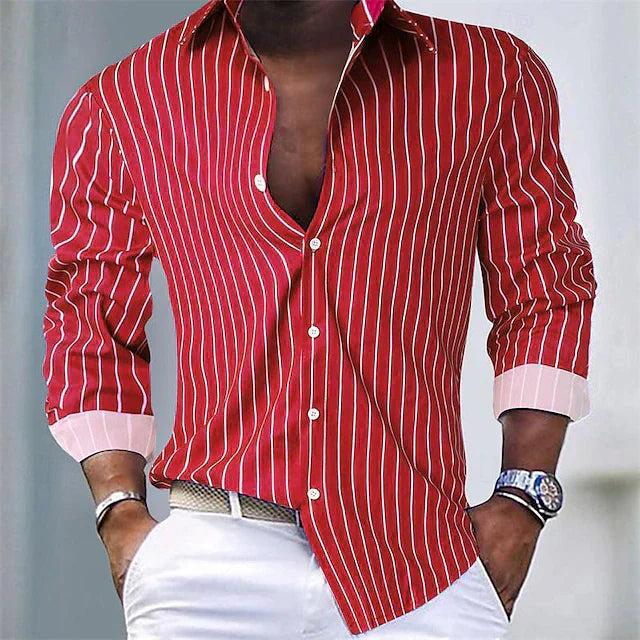 Striped Shirt | Long Sleeve | Slim Fit | Buttoned Up Shirt | Men's Shirts-Men's Long Sleeve Striped Shirt-Chaps London-Red-S-Chaps London