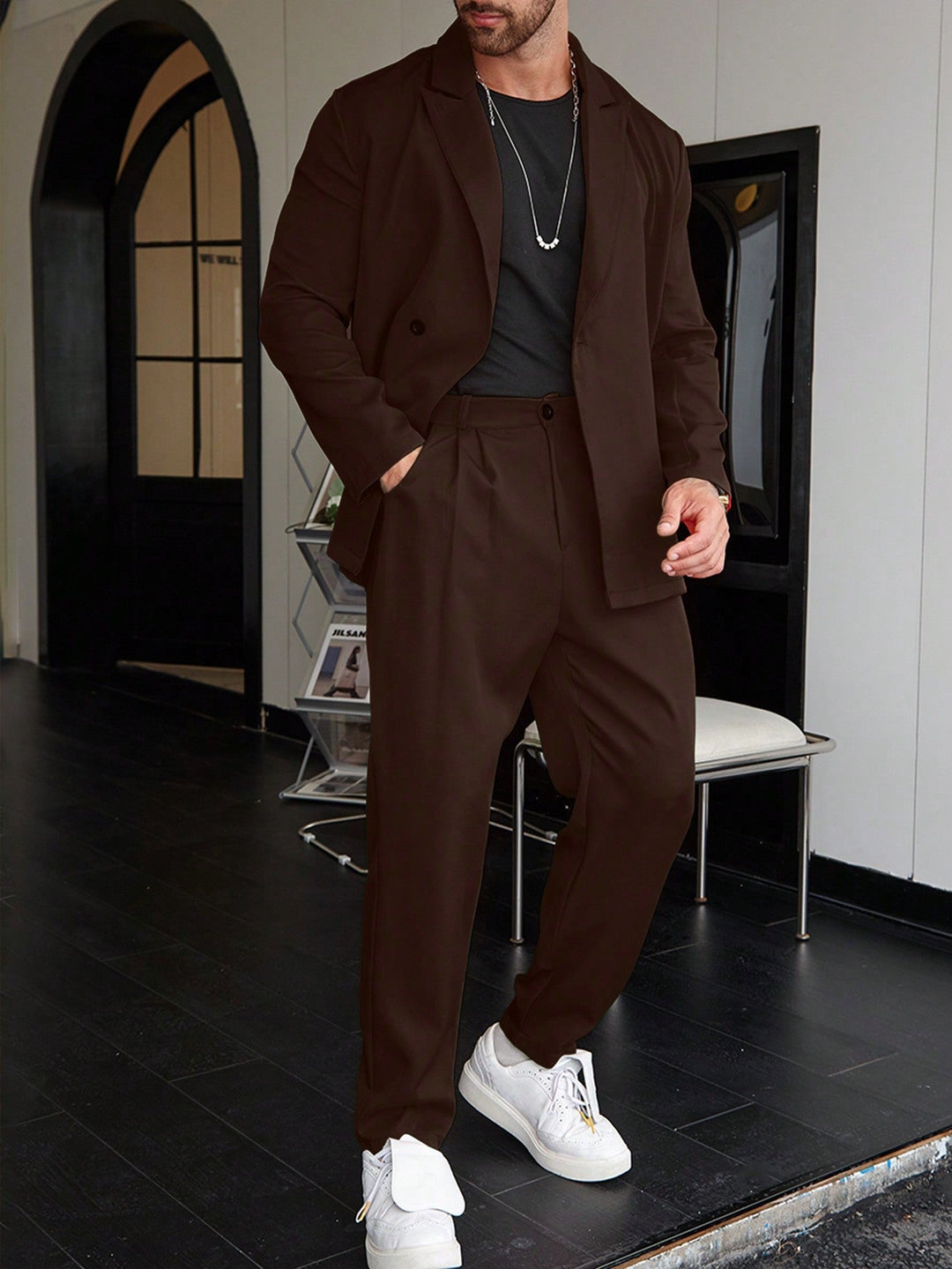 Suit - Men's Relaxed Fit Blazer and Pleated Trousers-Men’s Suit-Chaps London-Brown-XS-Chaps London