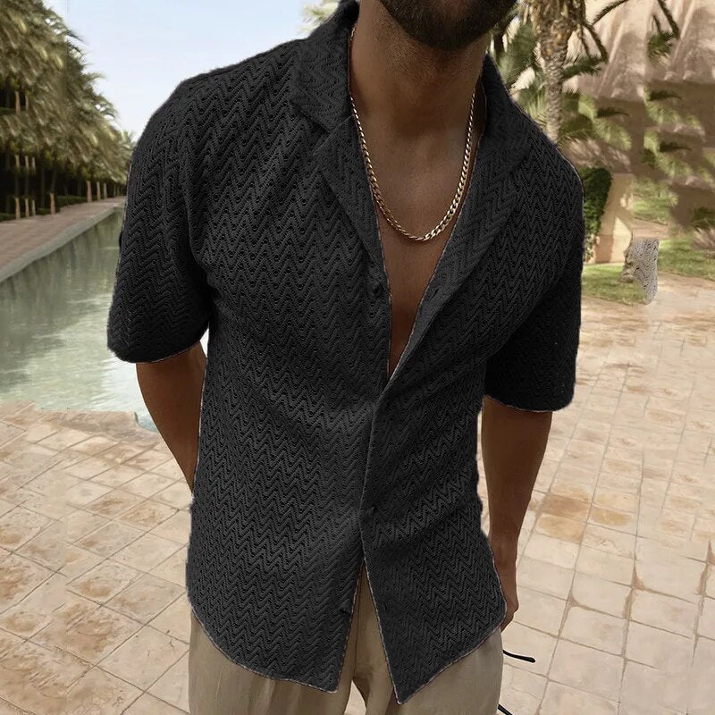 Casual Shirt | V-Neck | Button-Up | Short Sleeve Shirt | Men's Shirt-Chaps London-Black-M-Chaps London