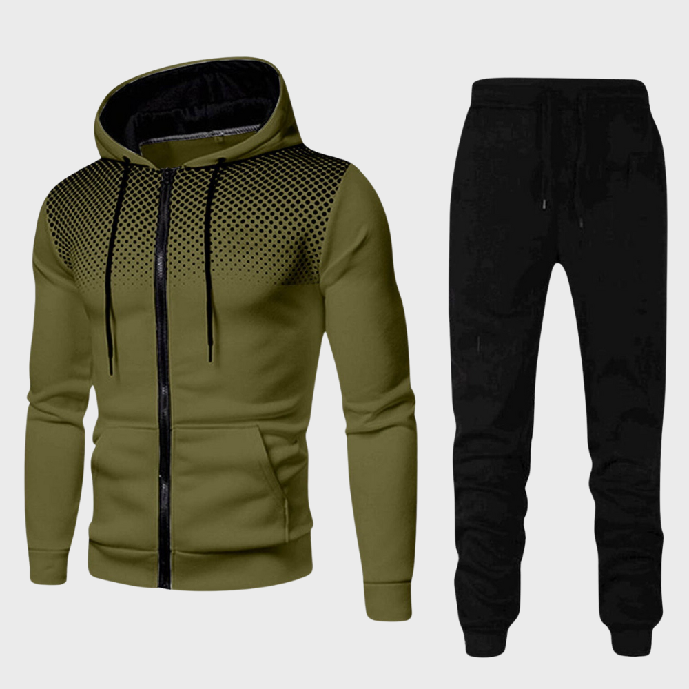 Green fade-print zip-up hoodie with black jogger pants, flat lay | Chaps London