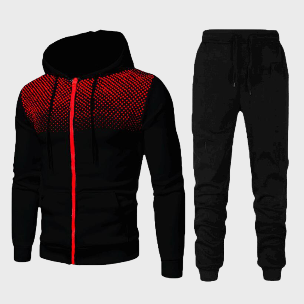 Black red gradient dot hooded zip jacket with matching jogger pants | Chaps London