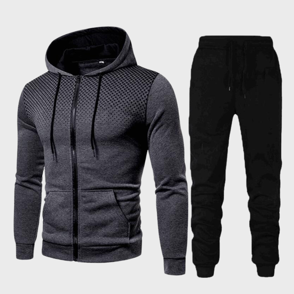 Dark gray textured zip-up hoodie with black jogger pants, flat lay | Chaps London