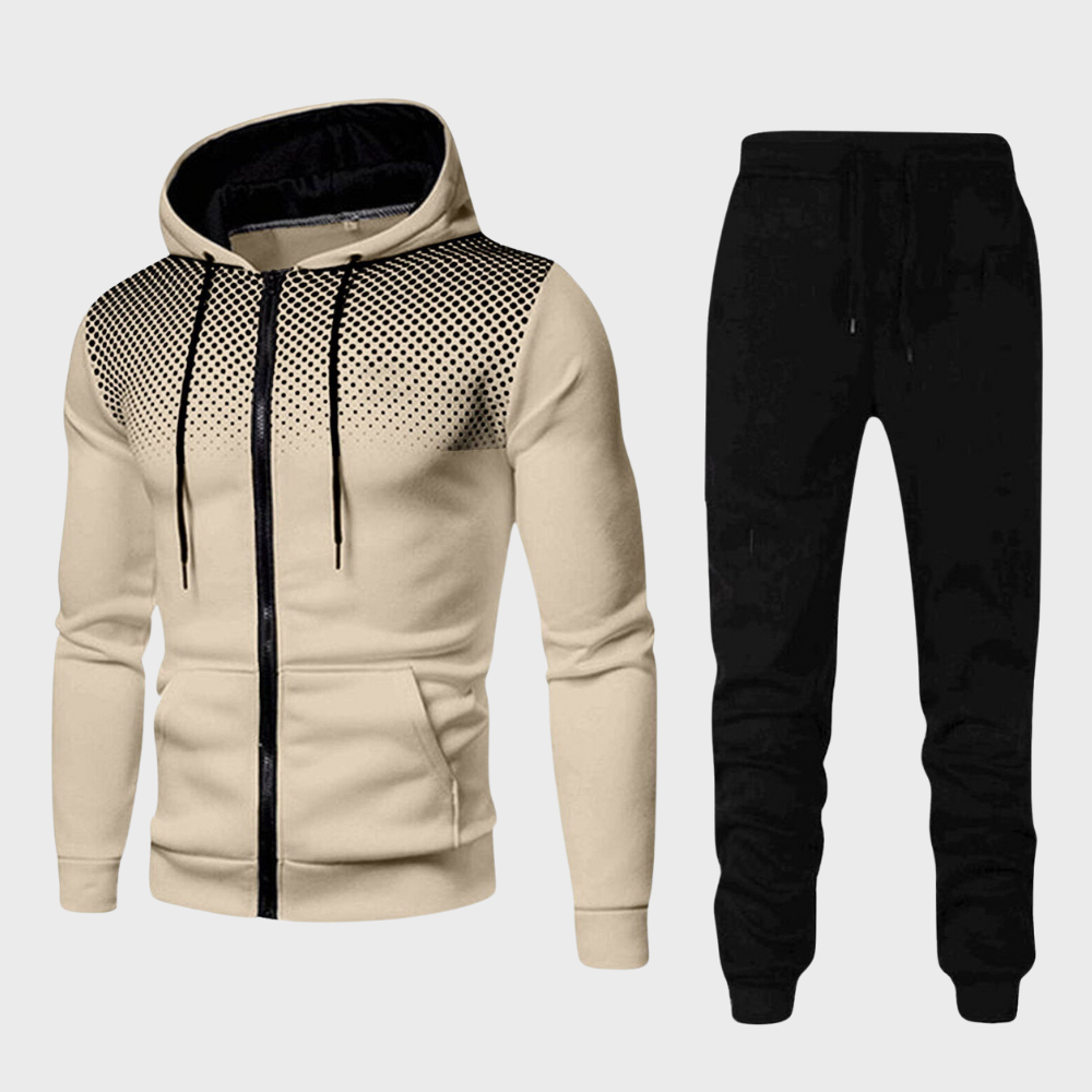 Beige hooded zip jacket with black jogger pants, flat lay display | Chaps London