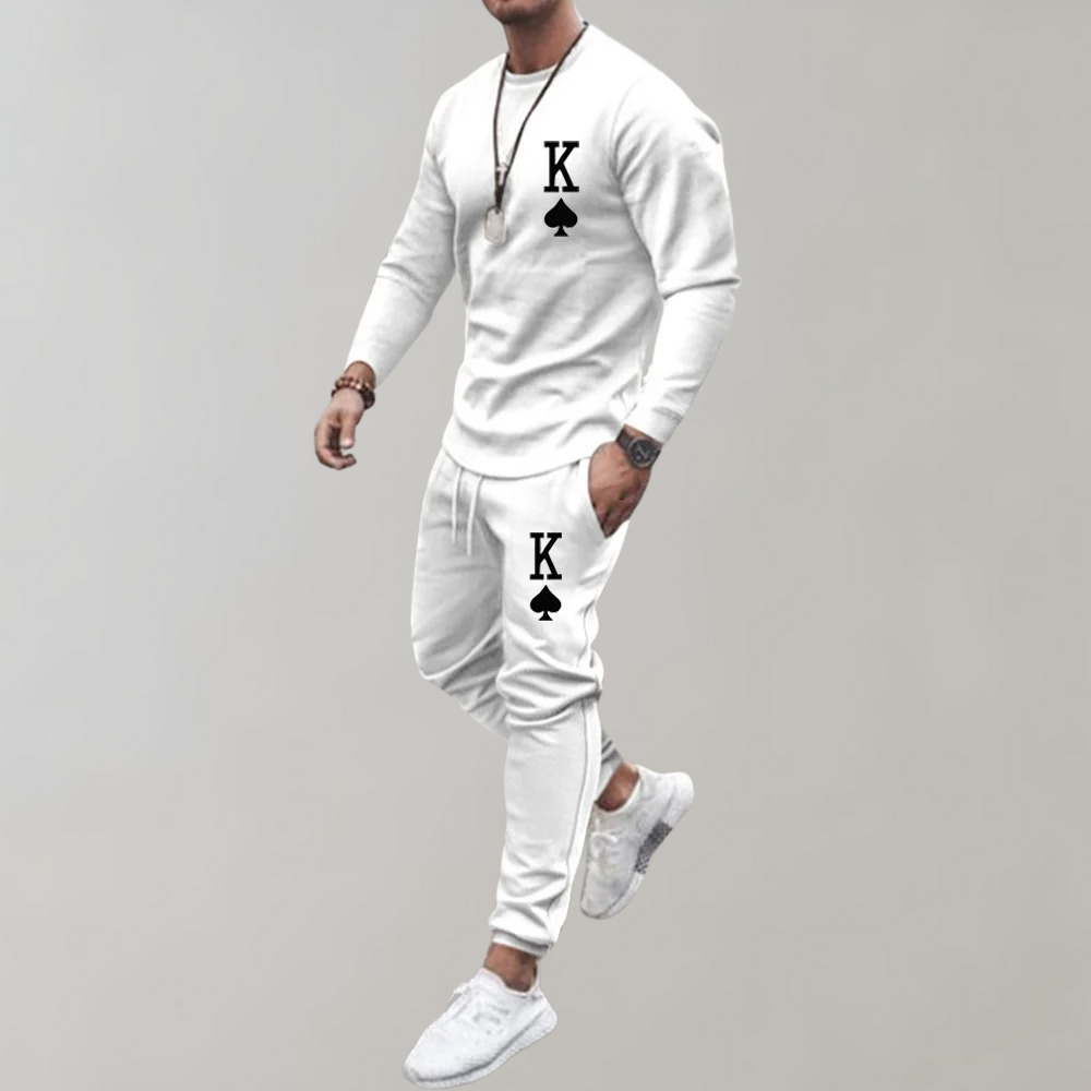 White sweatshirt and jogger set worn by man, King spade print | Chaps London